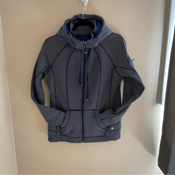 NAVY Blue and Grey Fleece Hoodie, Thumb holes, Dual Collar, Sleeve Pocket Size M - Picture 1 of 11